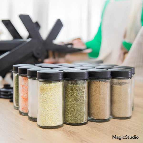 Spice Jars | Juego de 18 tarros de especias con rueda giratoria de 360 grados.